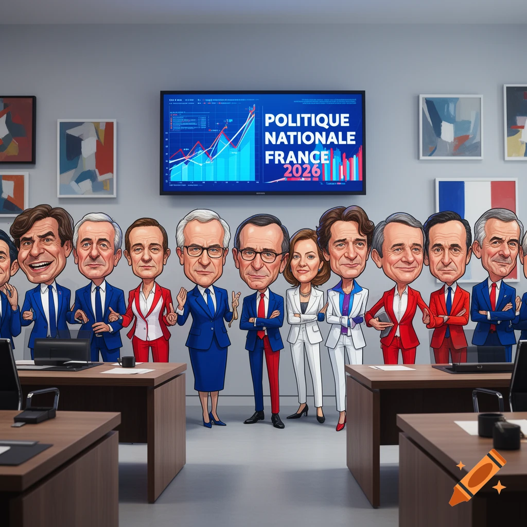 Caricature of French political figures, mostly men and one woman, in a meeting room with a screen showing 'POLITIQUE NATIONALE FRANCE 2026'.
