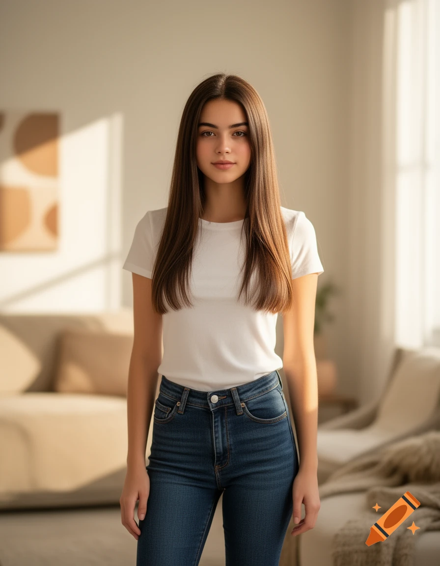 A beautiful young brunette woman with long straight hair, wearing a white t-shirt and blue jeans, stands indoors.