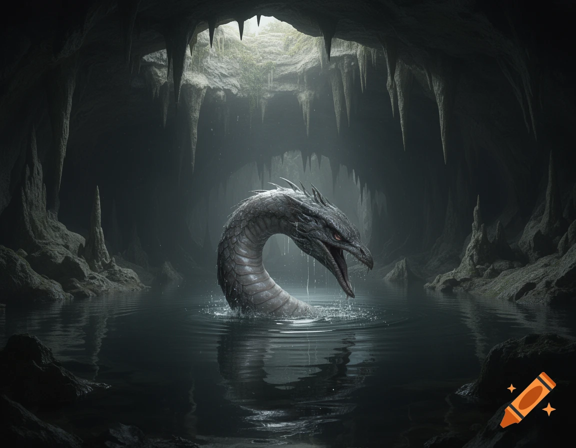 A serpent-like fantasy creature with dark scales and red eyes emerges from the water in a shadowy cave filled with stalactites.