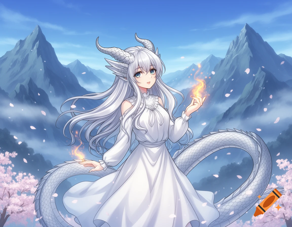 Anime dragon girl with white hair, horns, and tail in a white dress, holding flames, against a mountain landscape with cherry blossoms.