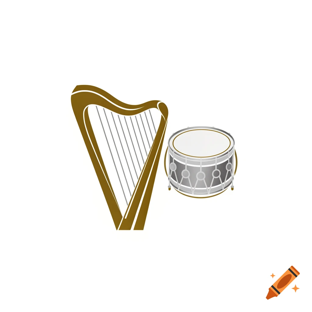 A stylized brown harp next to a gray snare drum, depicted as a pictogram on a white background.