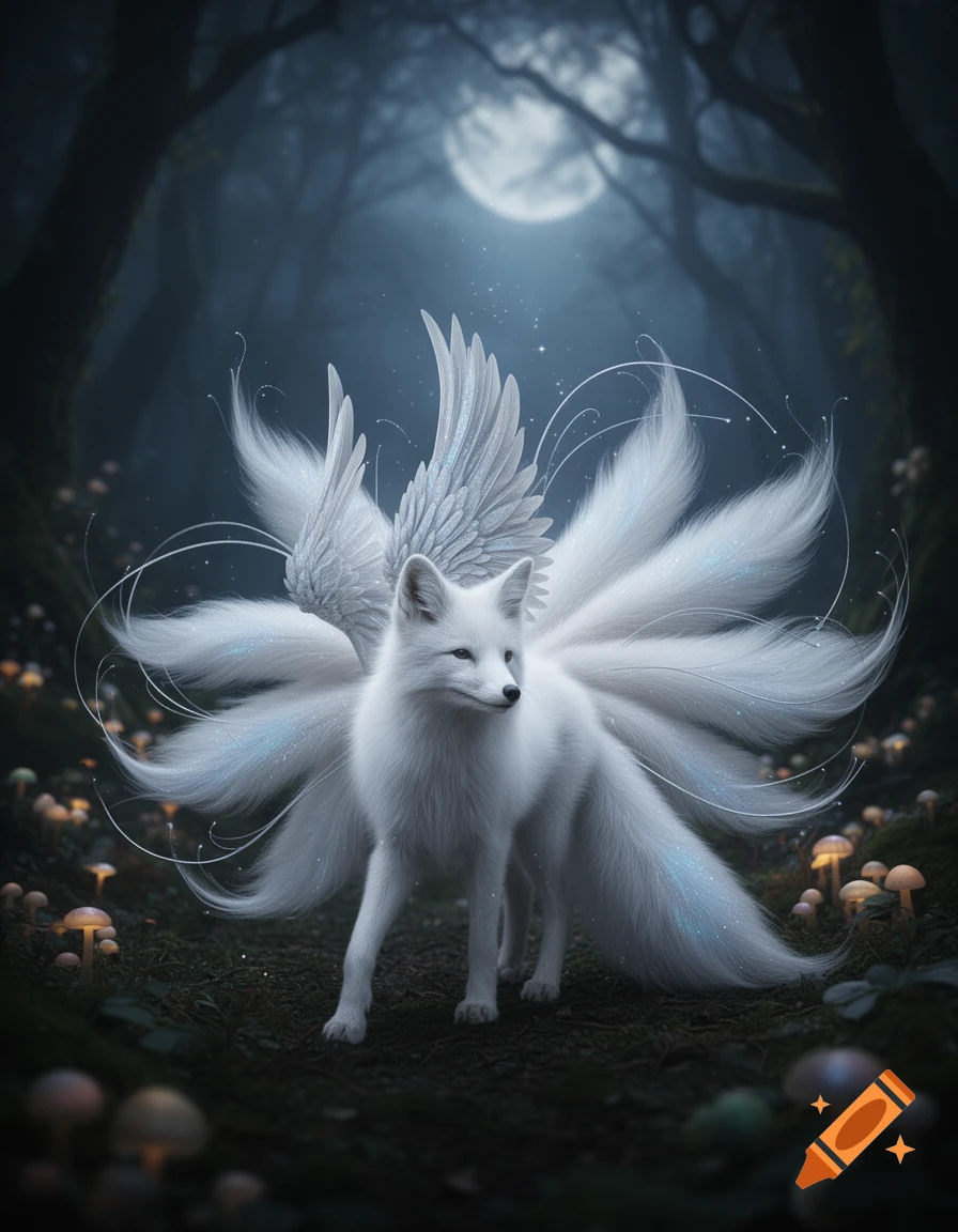 A majestic white winged fox with many glowing tails stands in a mystical dark forest at night under a full moon, surrounded by glowing mushrooms.