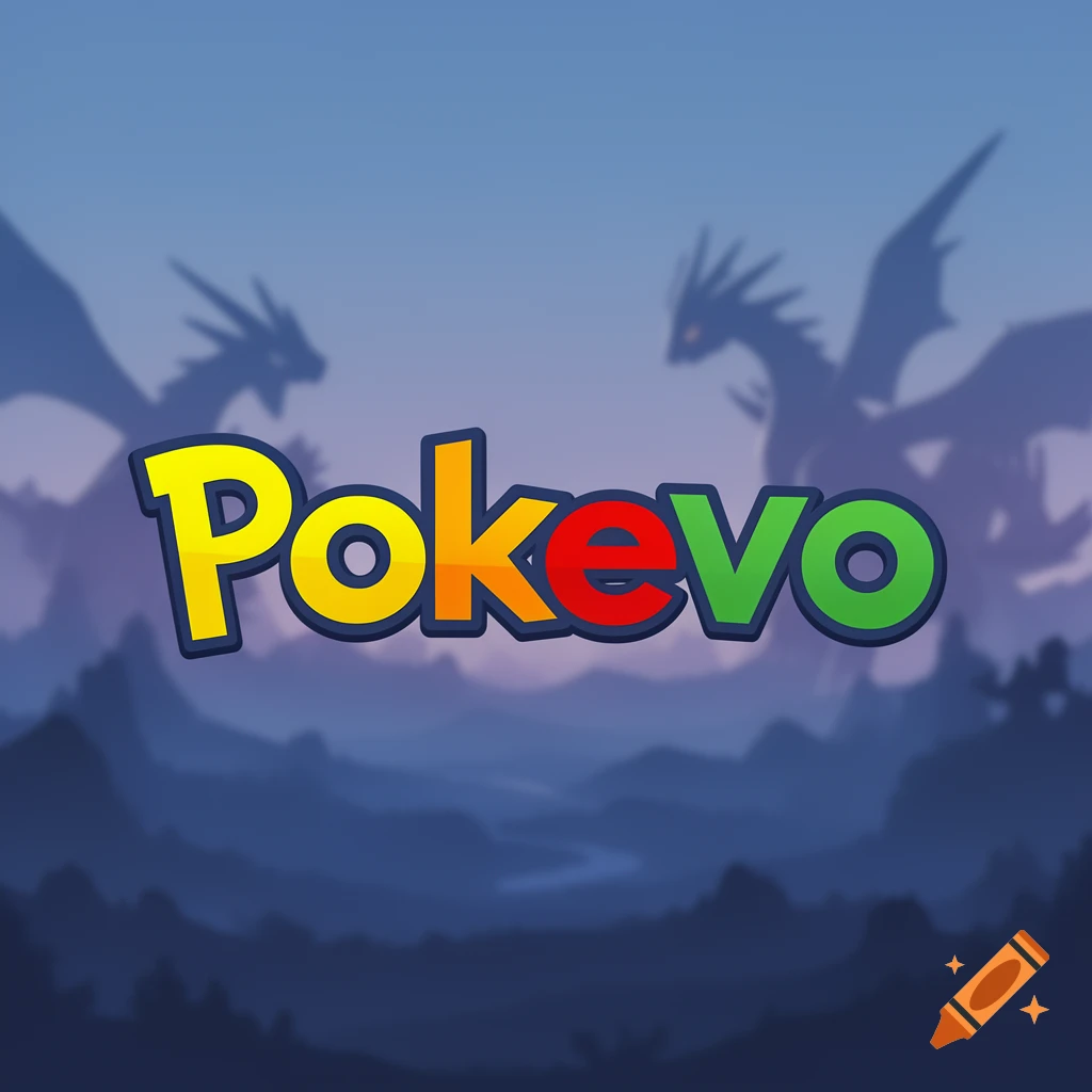 Colorful 'Pokevo' logo with stylized dragon silhouettes and misty mountains in the background, designed for an eBay profile.