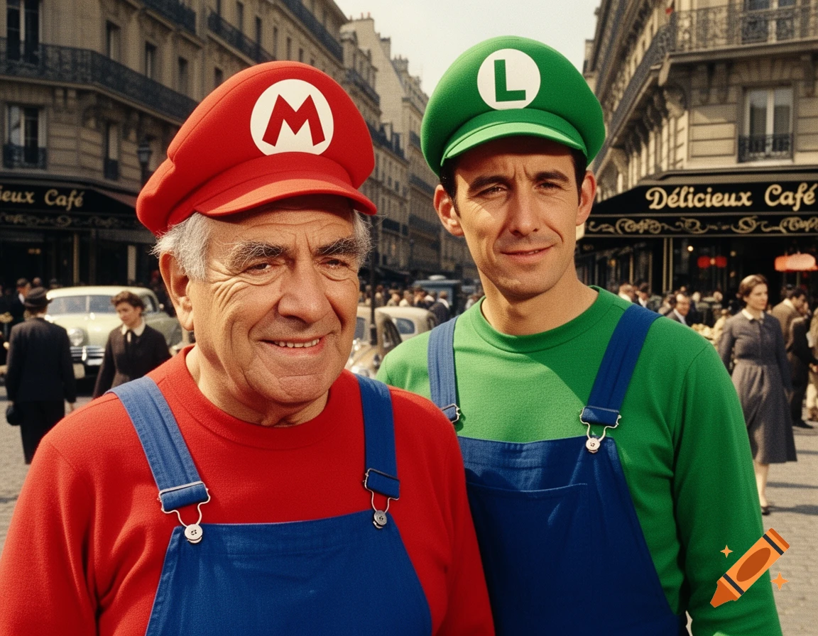 Two smiling men, dressed as Mario and Luigi, stand on a bustling 1950s French city street. Photorealistic.