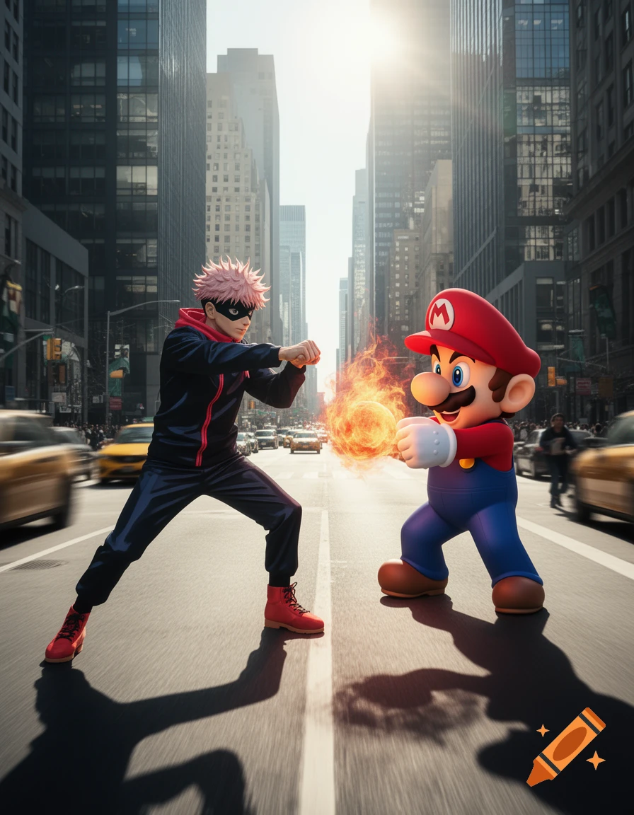 Yuji Itadori with pink hair and a black mask confronts Super Mario, who holds a fiery energy ball, on a photorealistic city street.