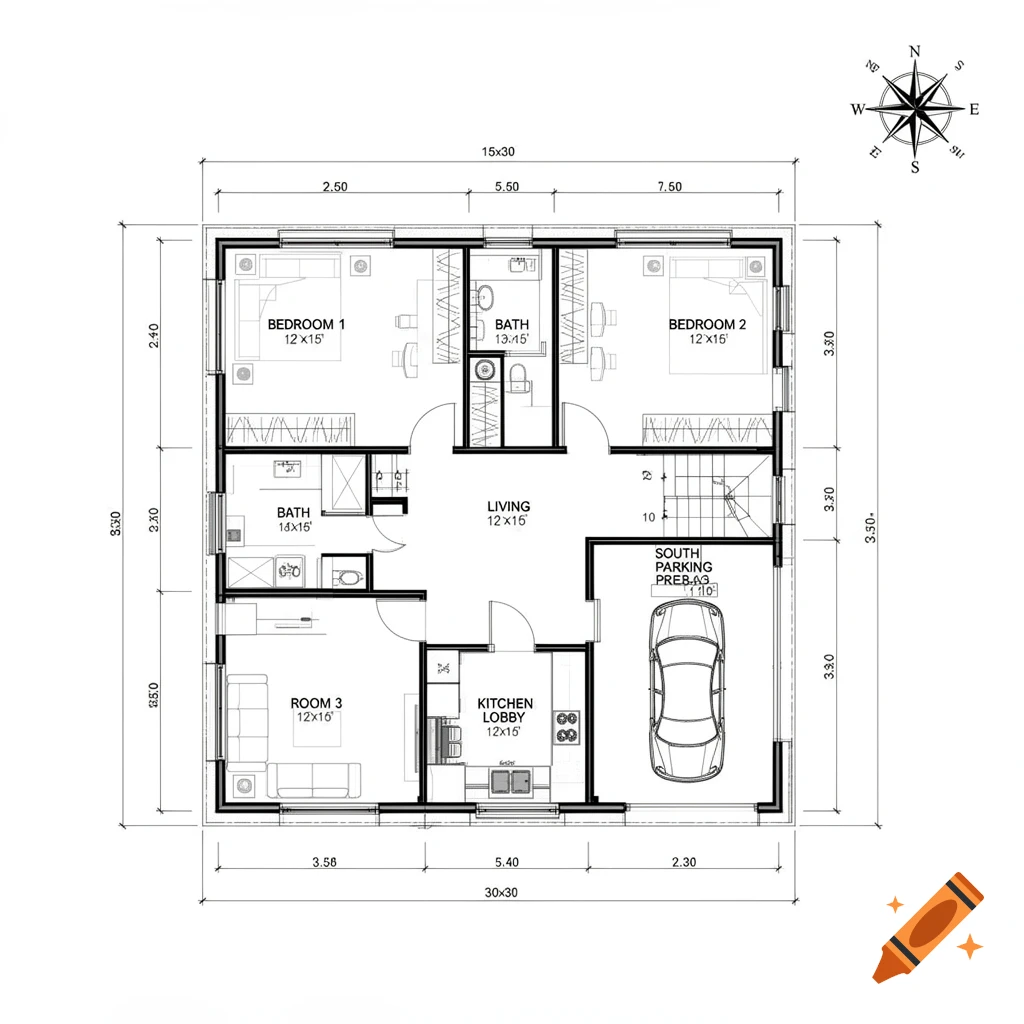 Detailed 2D architectural blueprint floor plan with rooms labeled, dimensions, and a compass rose. The plan features two bedrooms, two baths, a living room, room 3, a kitchen lobby, and a south parking space, all within a 30x30 boundary.