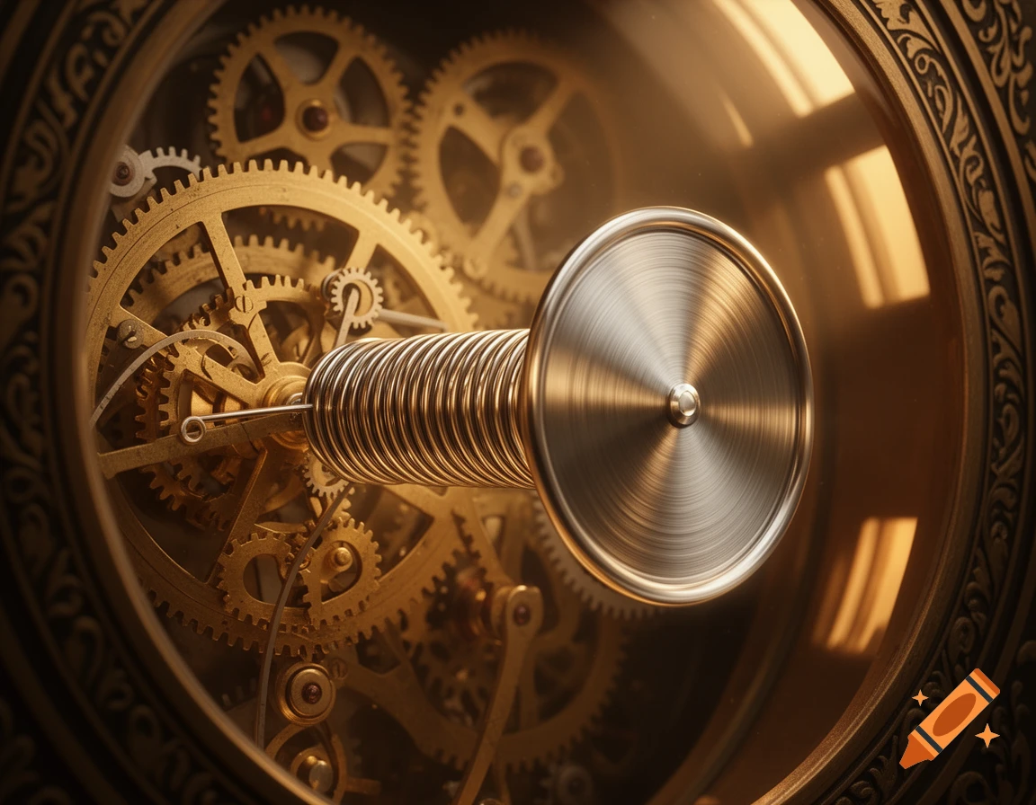 Close-up of golden clockwork gears and a silver torsion spring with a polished flywheel, with warm lighting.