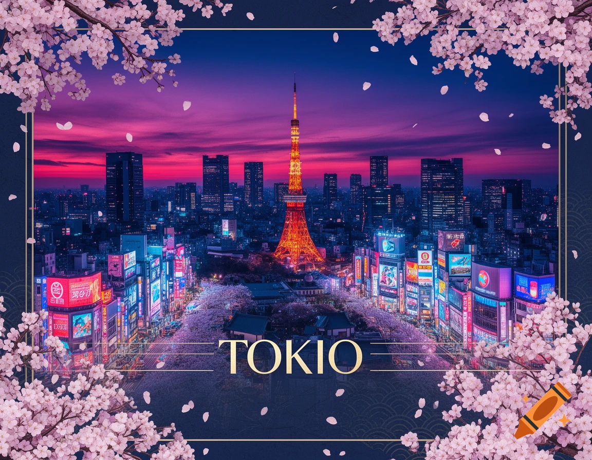 Vibrant Tokyo cityscape at sunset with the illuminated Tokyo Tower, neon-lit buildings, and cherry blossoms framing the view. Text 'TOKIO' is in the foreground.