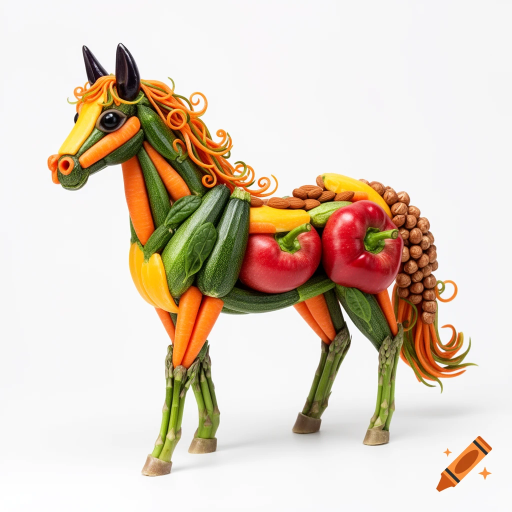 A highly detailed sculpture of a horse made entirely out of fresh vegetables, fruits, and nuts, on a white background.