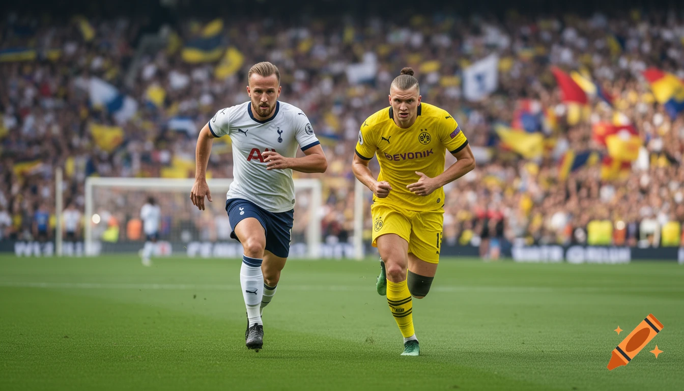 Two male soccer players, one in a white and blue uniform and the other in a yellow and black uniform, run across a green field during a match.