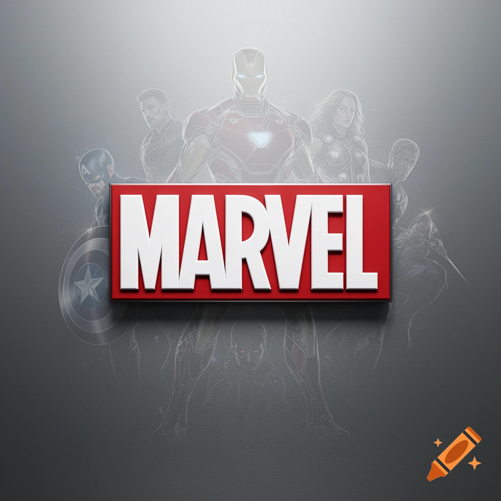 Red and white Marvel logo against a gray background with faint outlines of superheroes including Iron Man.