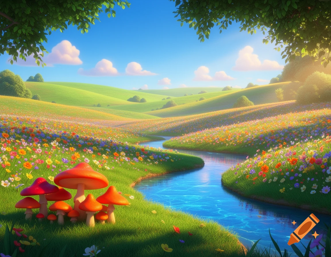 Vibrant Pixar-style cartoon landscape with rolling green hills, a winding blue river, colorful wildflowers, and red-capped mushrooms.