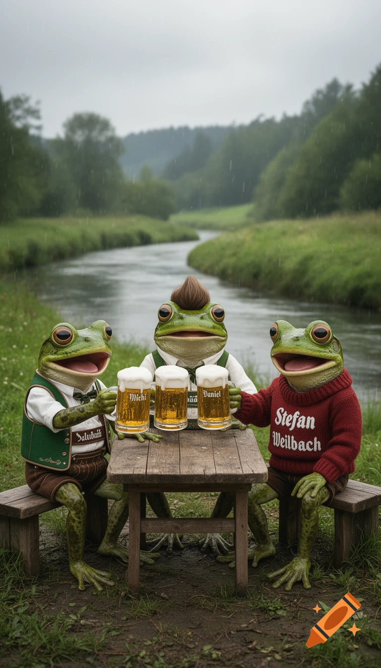 Three anthropomorphic frogs dressed in Bavarian attire toast with beer mugs at a wooden table beside a river in a rainy, green landscape.