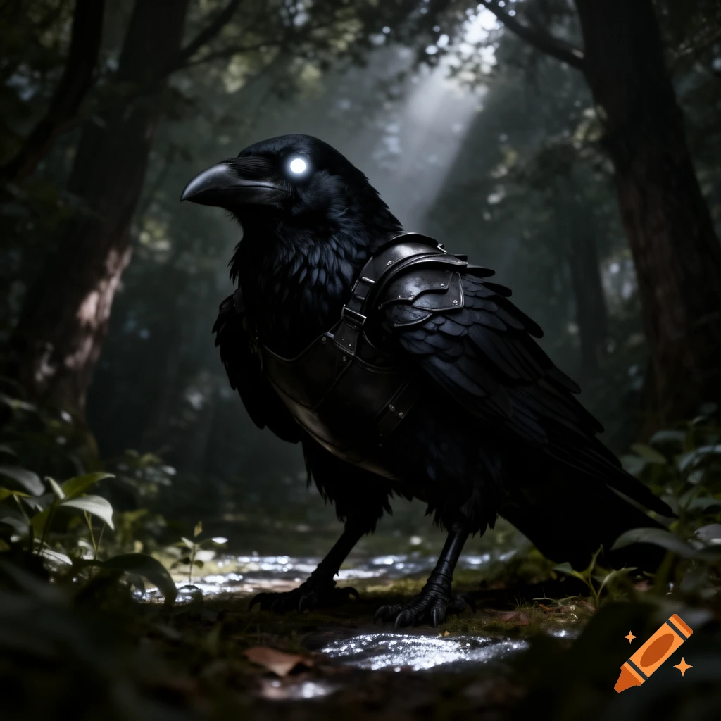 A dark raven wearing armor with glowing white eyes stands in a moody, sun-dappled forest.