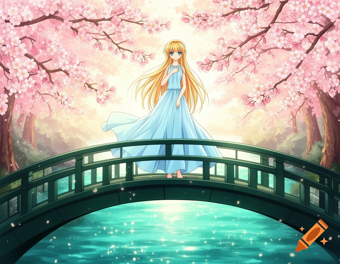 Anime girl in a light blue dress on a green bridge over a sparkling river, surrounded by pink cherry blossoms.