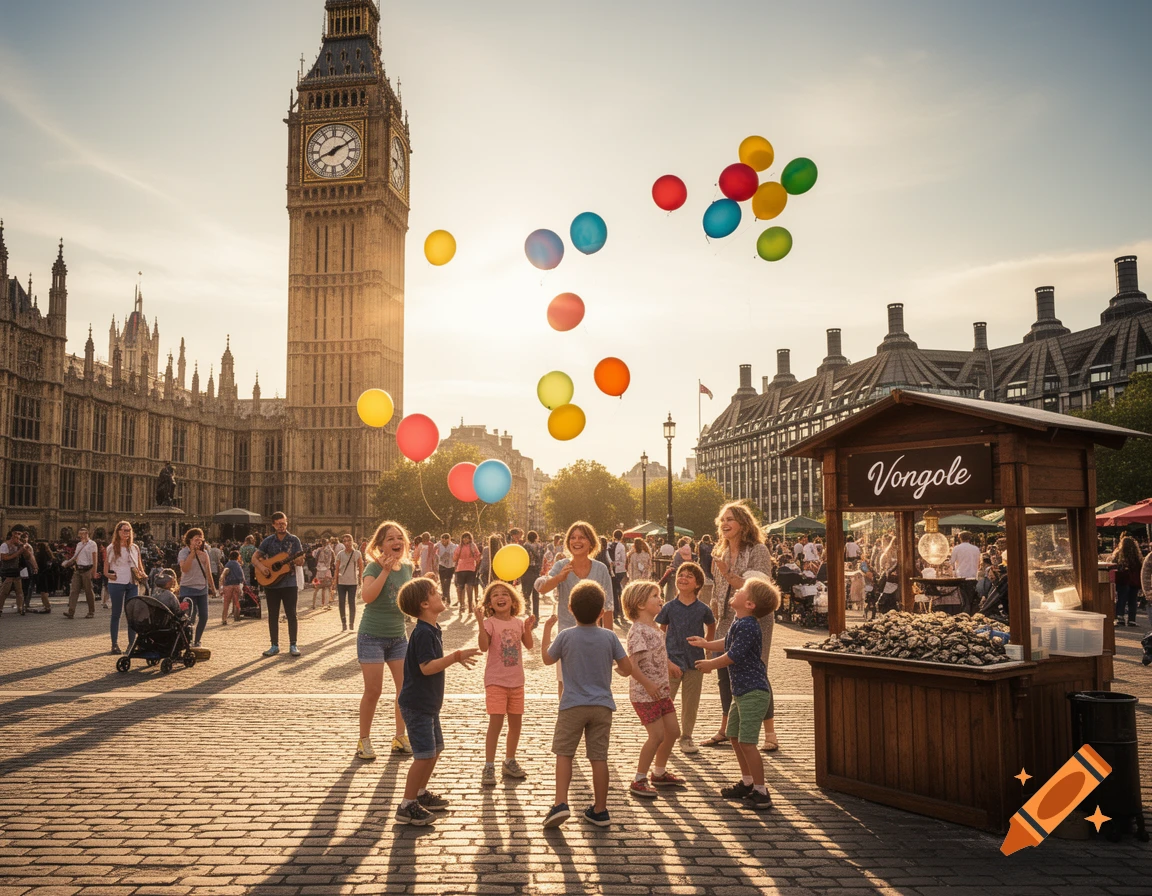 Photorealistic image of Big Ben on a sunny day with children playing with colorful balloons in the foreground. A 'Vongole' stall is to the right.