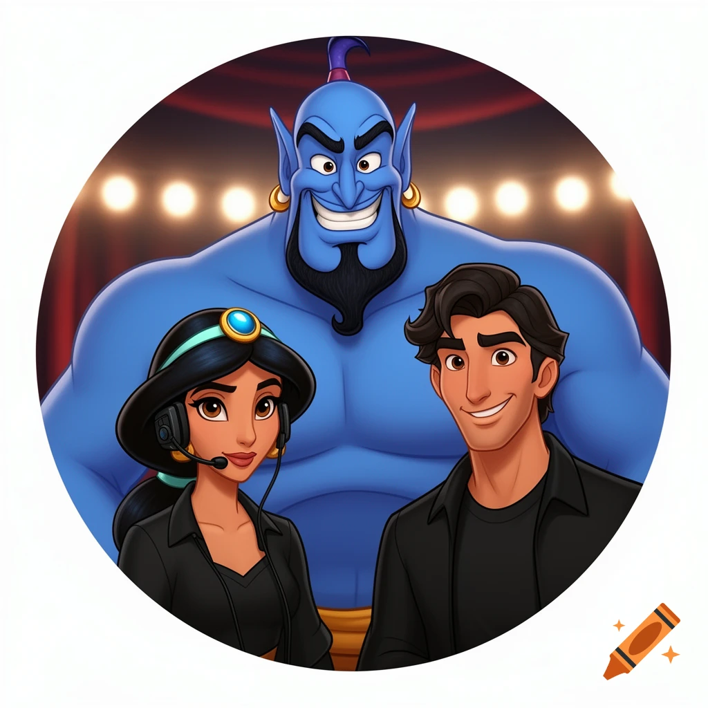 A circular cartoon image of Jasmine in a headset, Aladdin, and Genie in black casual clothes against a stage background.