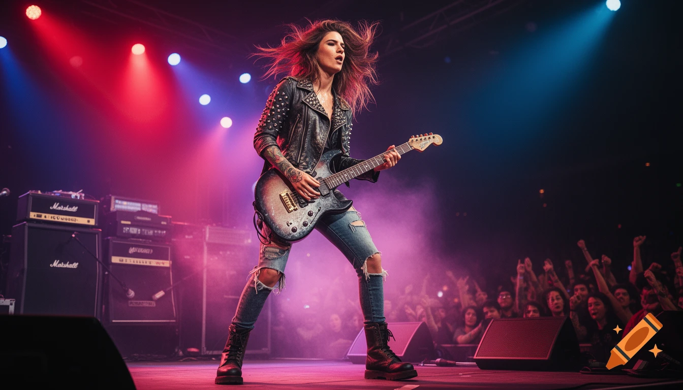 Female rock guitarist in studded jacket plays electric guitar on stage with red and blue lights, facing a cheering crowd.