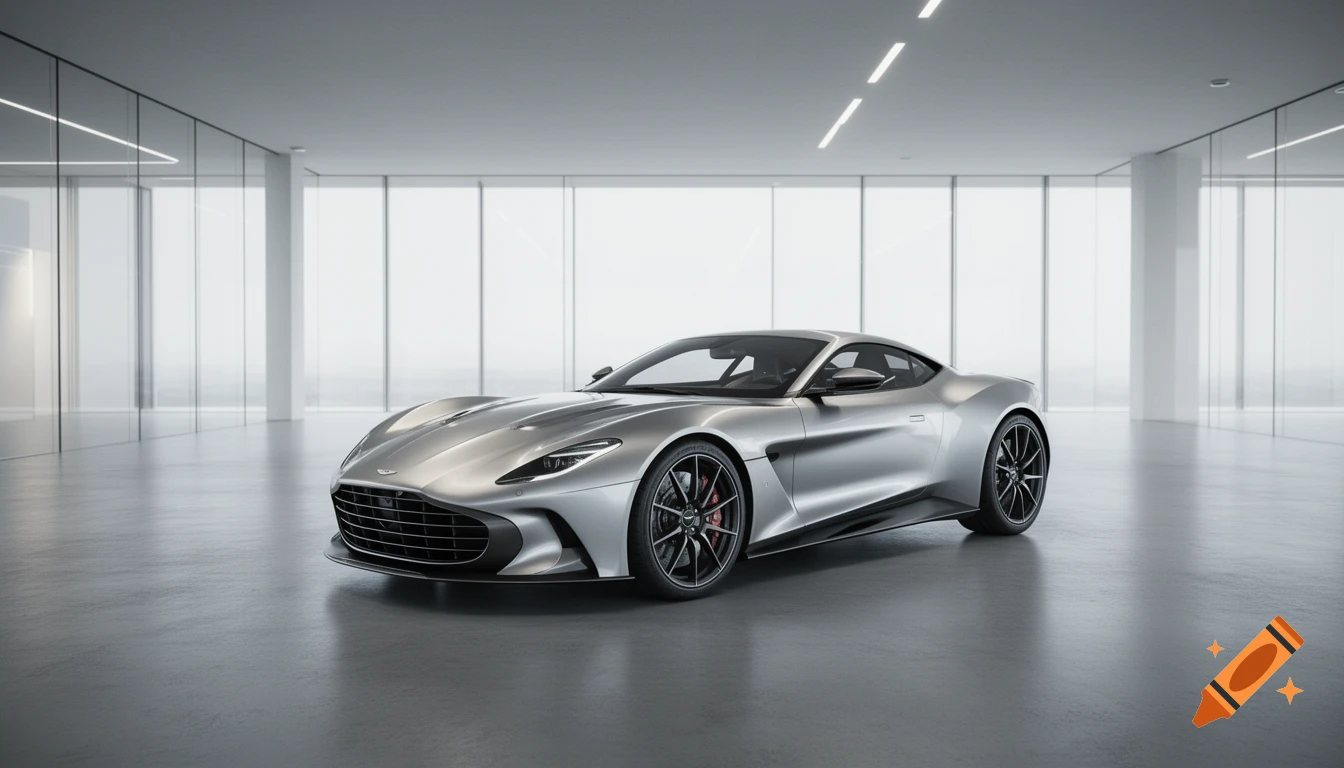 A sleek silver Aston Martin sports car is parked in a minimalist, brightly lit modern showroom with large windows.