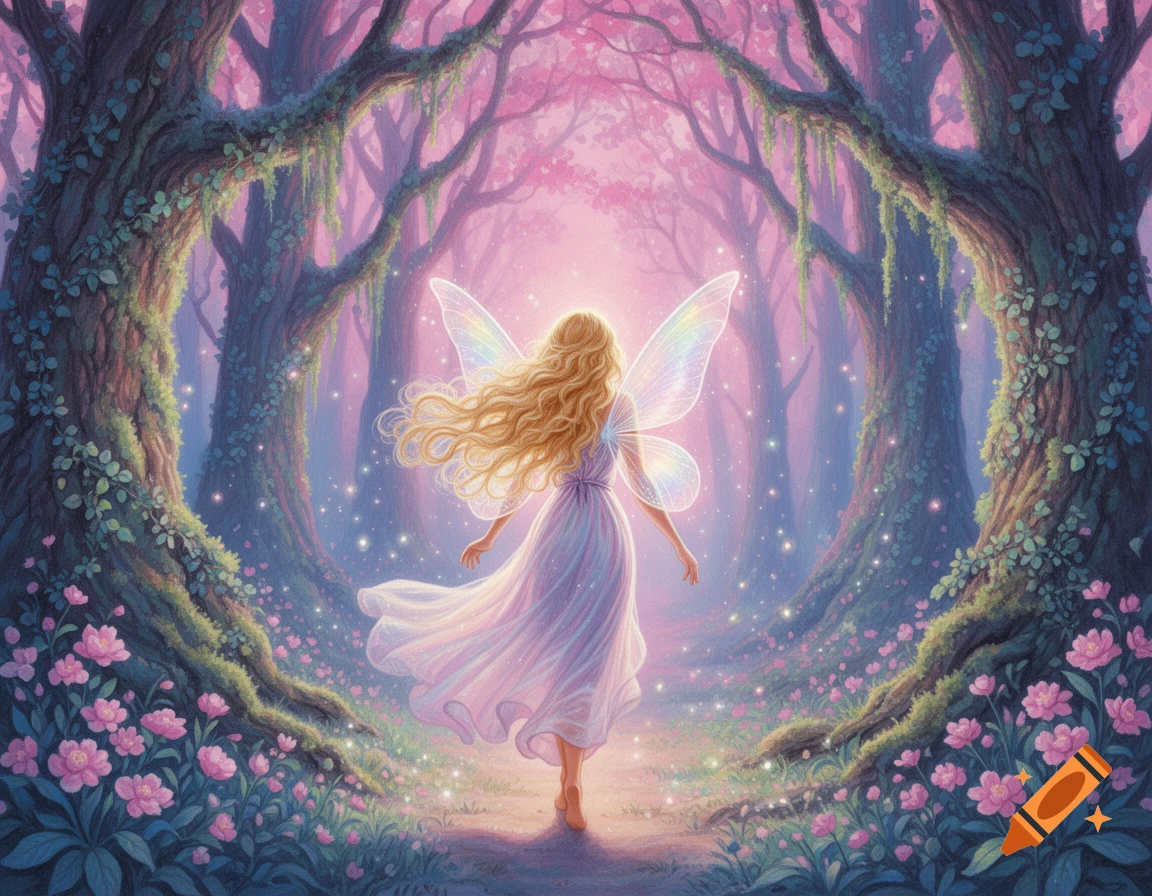 A blonde fairy with translucent wings walks into a glowing pink and blue enchanted forest, in a fantasy illustration.