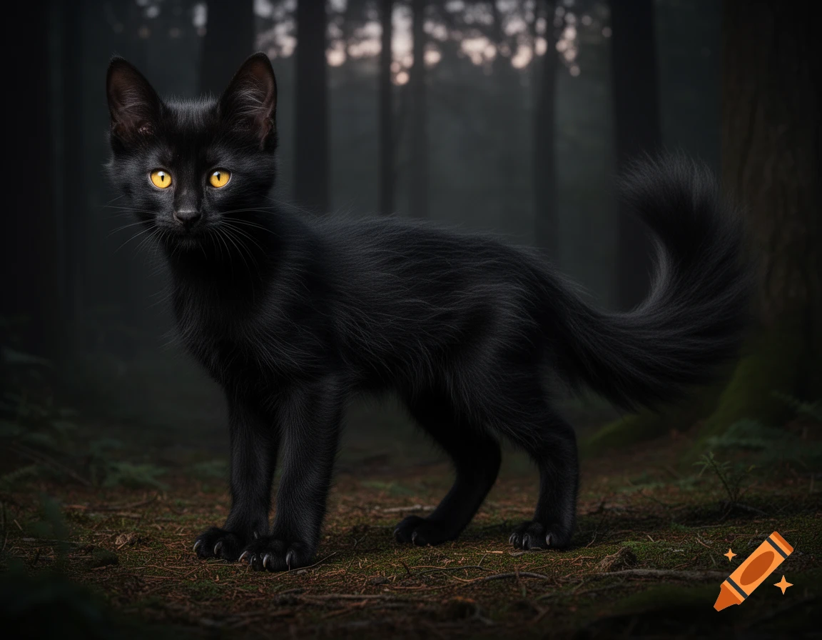 A sleek, black cat-like creature with glowing yellow eyes stands in a dark, misty forest, rendered photorealistically.