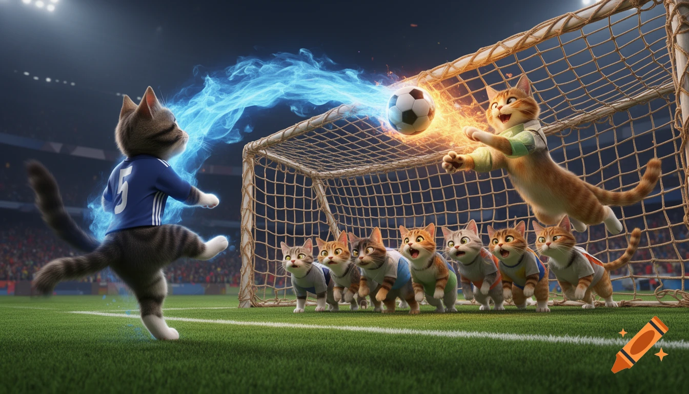 Animated cats play soccer in a stadium. One cat kicks a blue-glowing ball towards a goal, while another jumps to block it.