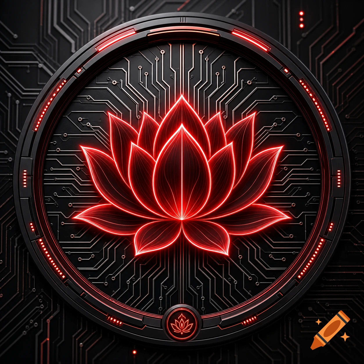A vibrant red neon lotus flower symbol on a dark circular digital circuit board background, styled as a logo.
