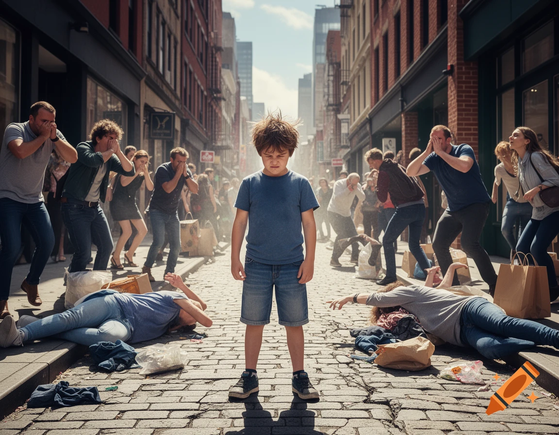 A boy stands on a city street as people around him cover their faces or lie passed out on the ground, photorealistic.