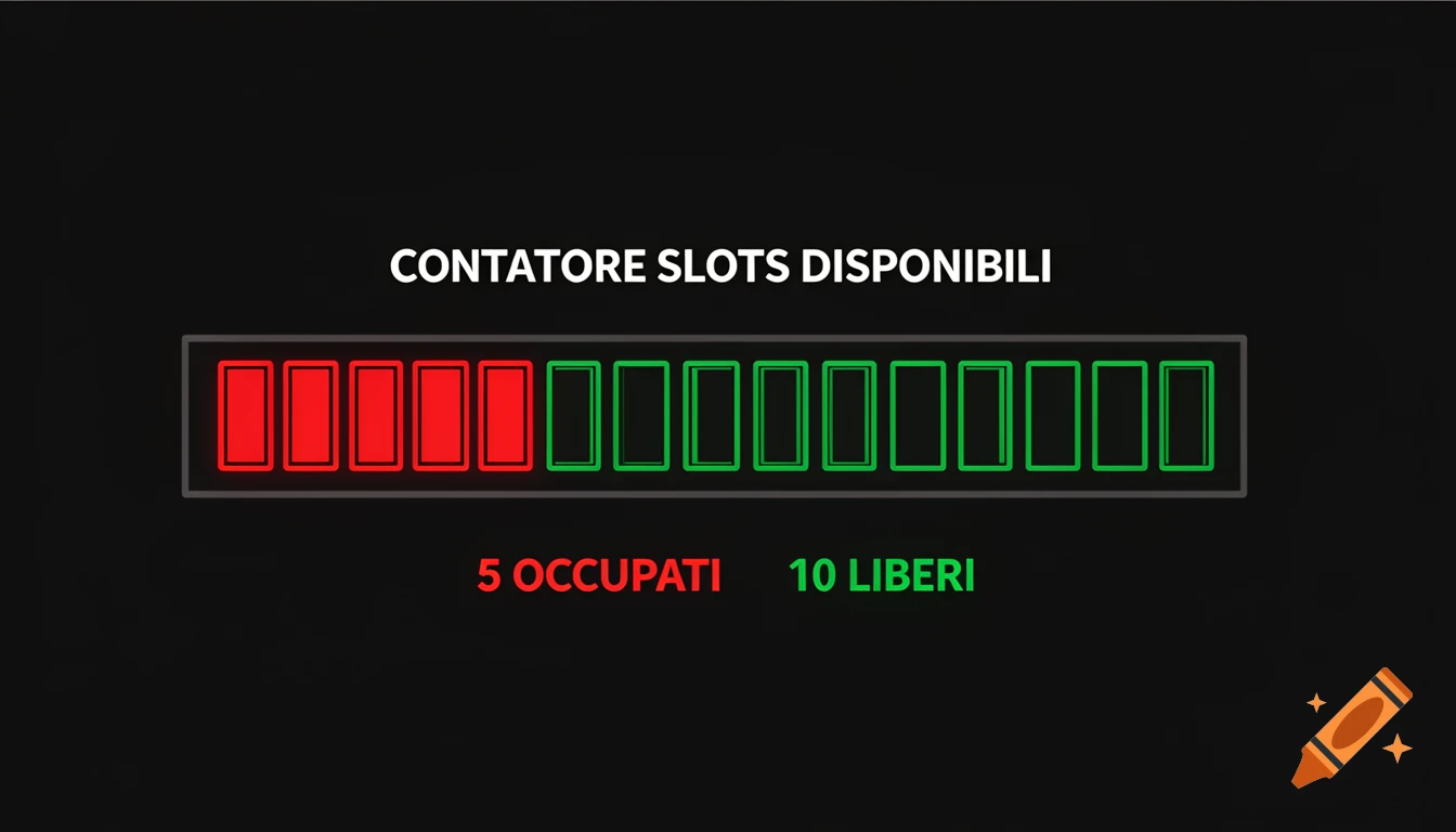 A minimalist vector graphic showing a slot counter with 5 red occupied slots and 10 green free slots, on a black background.
