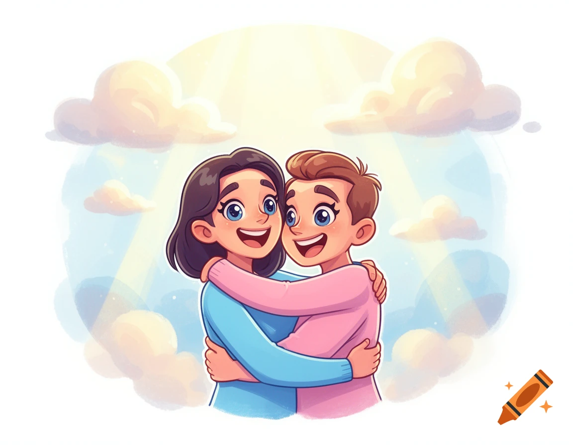Two smiling cartoon people embracing in a hug under a bright, cloudy sky.