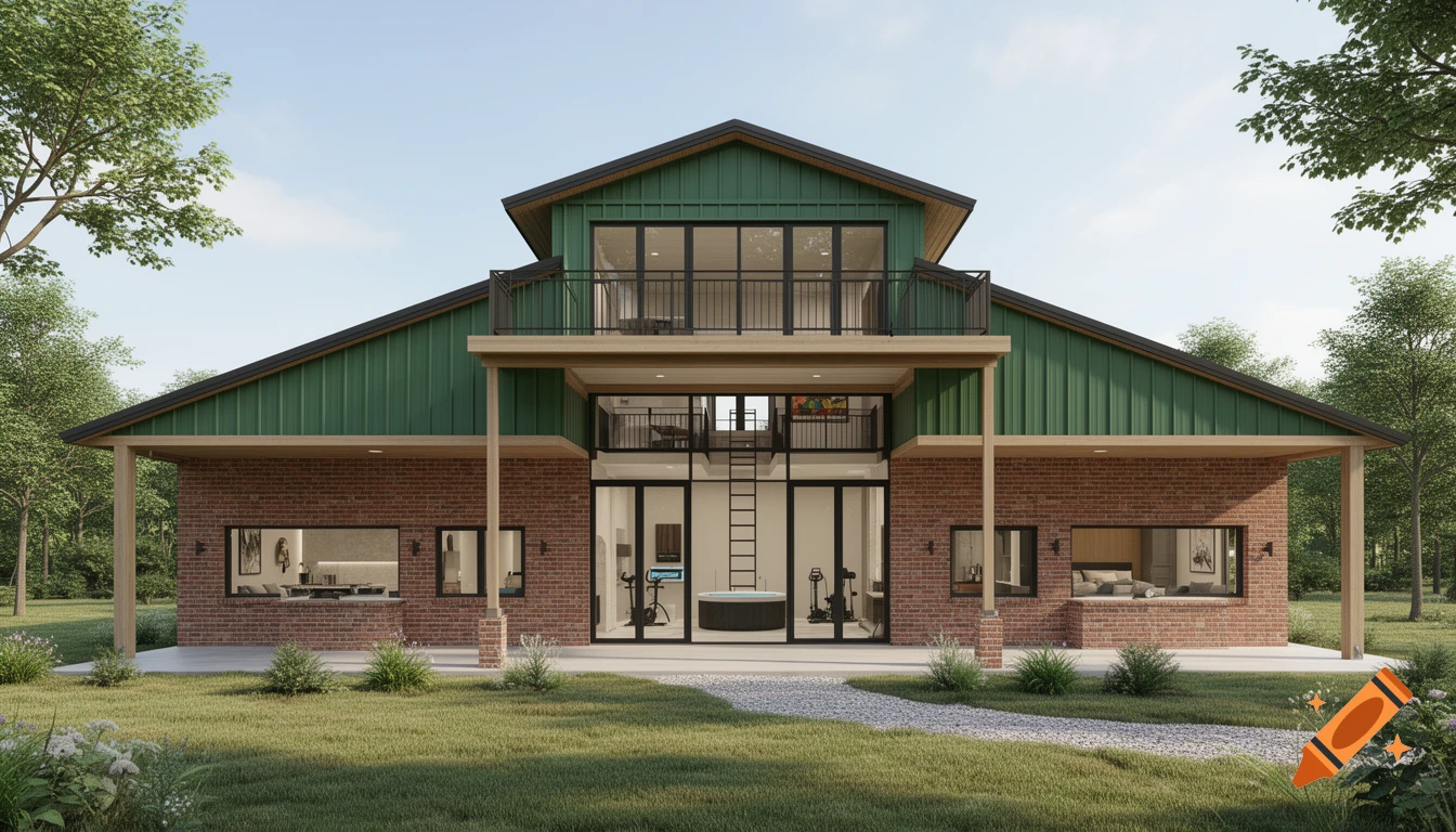 A modern barndominium with a green metal upper half, brick lower half, large glass doors, a covered porch, and a second-story deck, set in a grassy landscape.