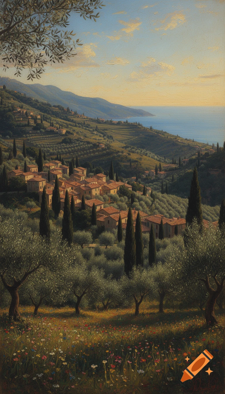 Painterly Ligurian landscape featuring a village nestled among olive groves on hills overlooking the sea, with a field of wildflowers in the foreground.