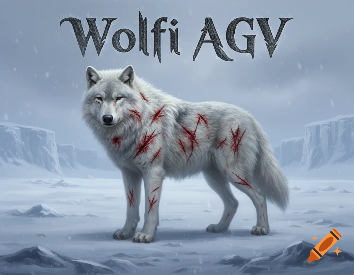 A white wolf with red battle scars stands in a snowy arctic landscape under the text 'Wolfi AGV'. Digital art.