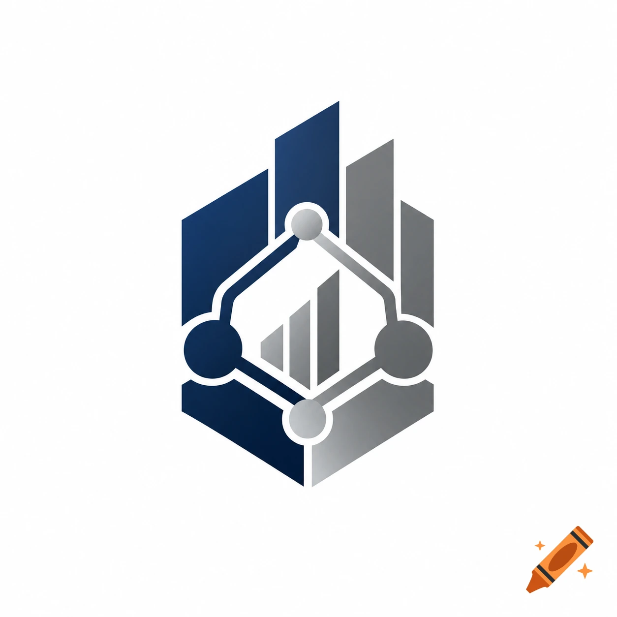 Abstract blue and gray logo with bar graphs and interconnected nodes inside a hexagon.