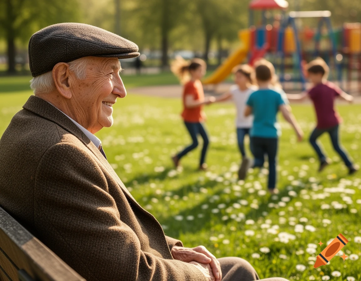 An old man in a flat cap sits on a park bench, smiling while watching children play on a sunny day.