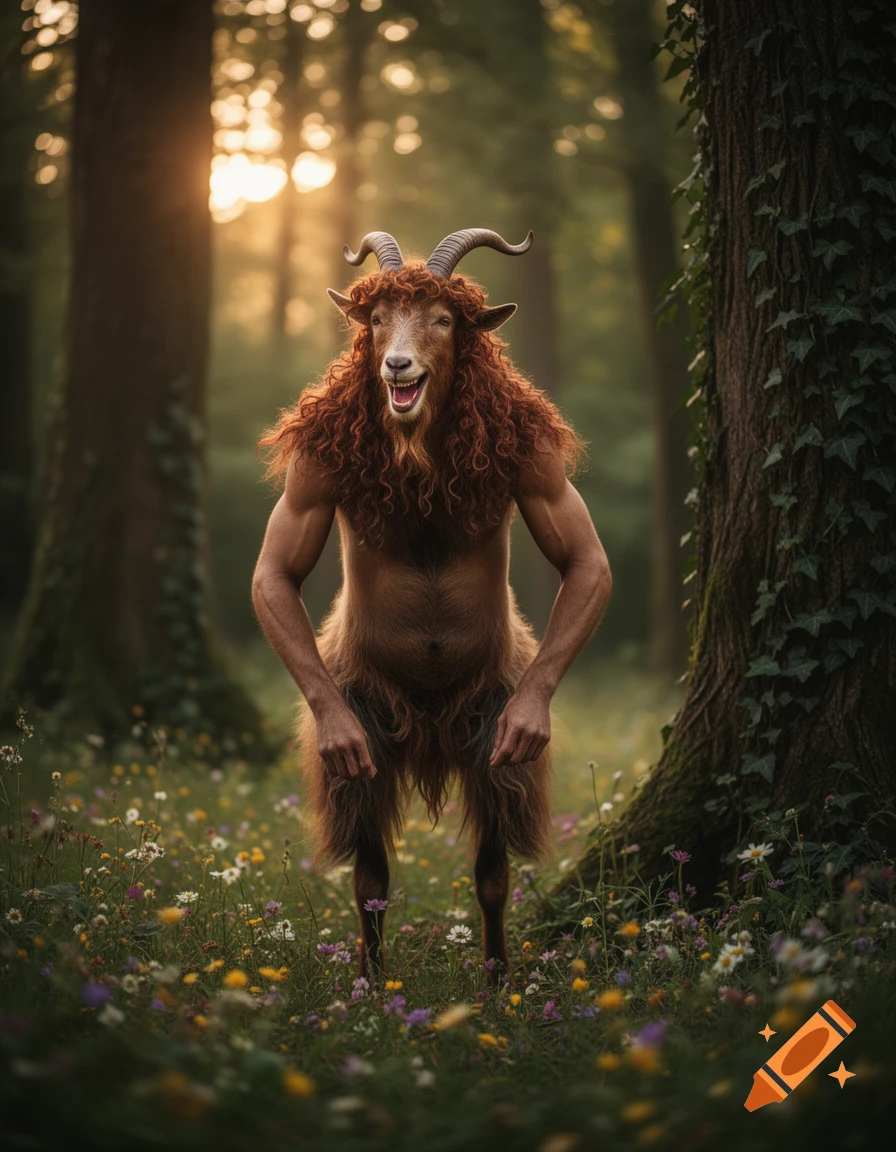 Photorealistic depiction of a smiling satyr with curly red hair and horns, standing in a sun-dappled forest among wildflowers.
