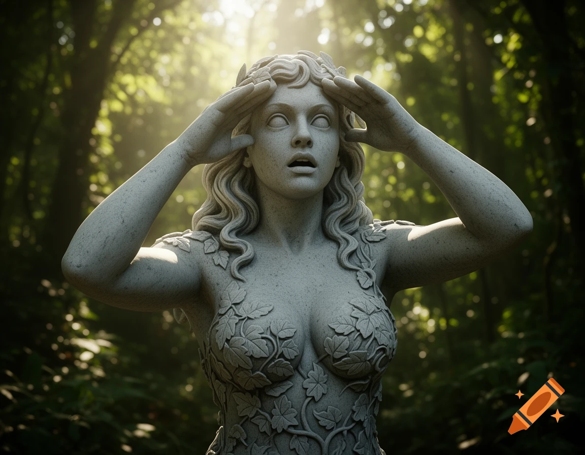 A detailed stone statue of a woman, adorned with carved leaves, stands in a sun-dappled forest, with her hands raised as if shielding her eyes.