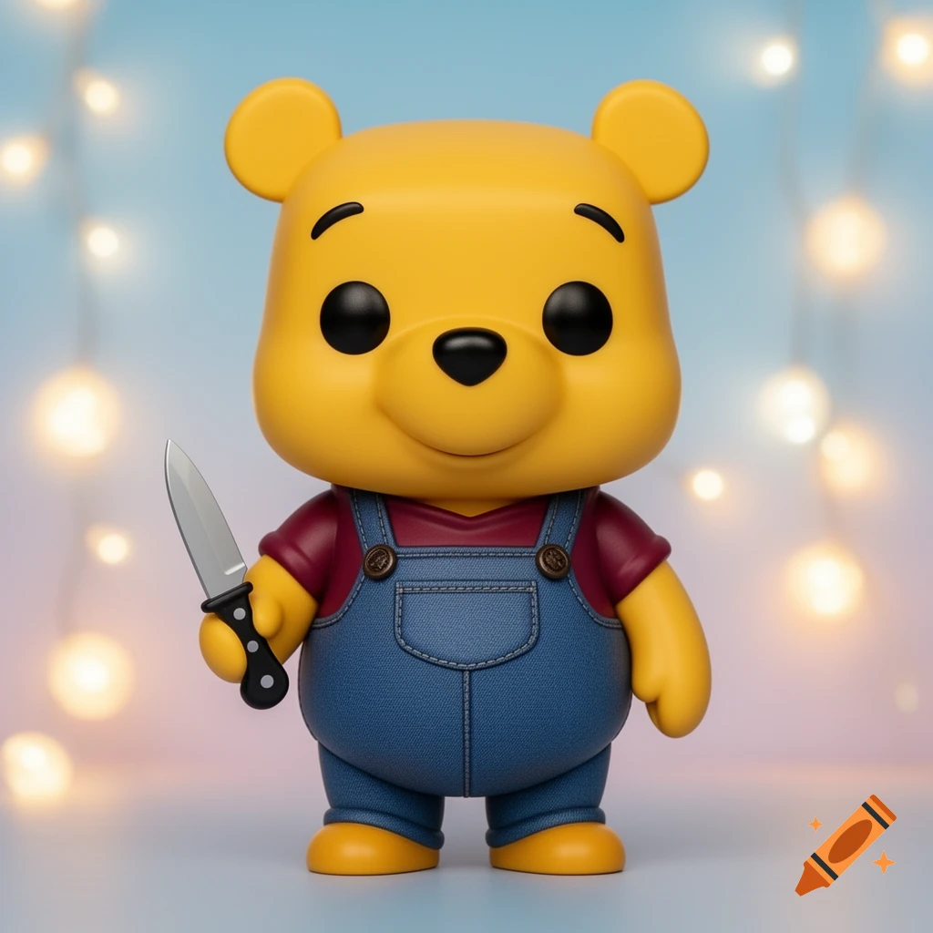 A Funko Pop Winnie the Pooh figure in blue overalls and a maroon shirt, holding a silver knife against a blurry bokeh background.