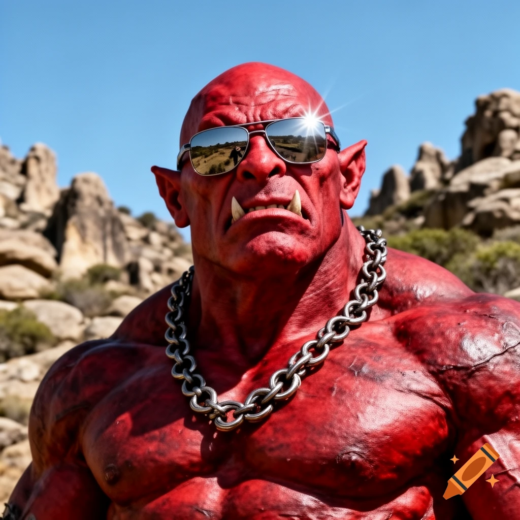 A muscular red orc wearing sunglasses and a chain necklace stands in a rocky desert under a bright sun.