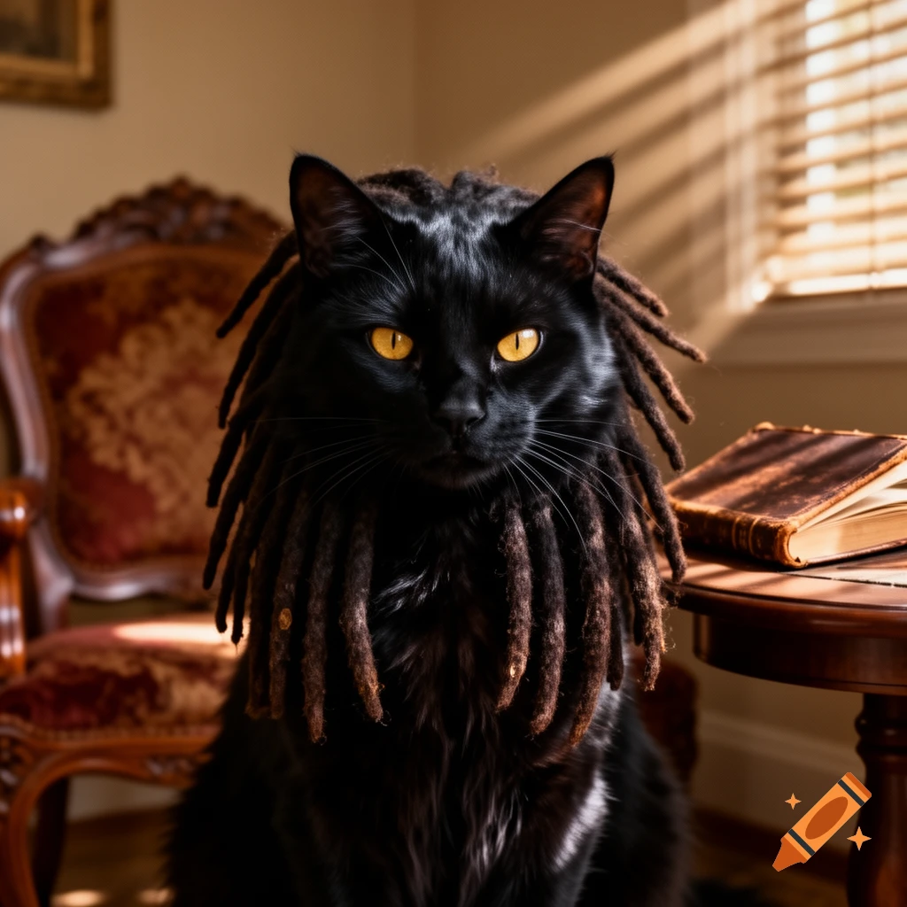 Photorealistic image of a black cat with dreadlocks, sitting indoors and looking at the viewer.