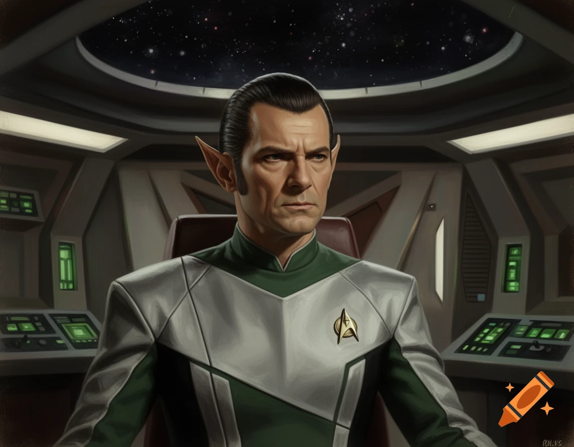 A serious-looking Romulan commander with pointy ears in a green and silver uniform sits in a spaceship cockpit, stars visible through the window.