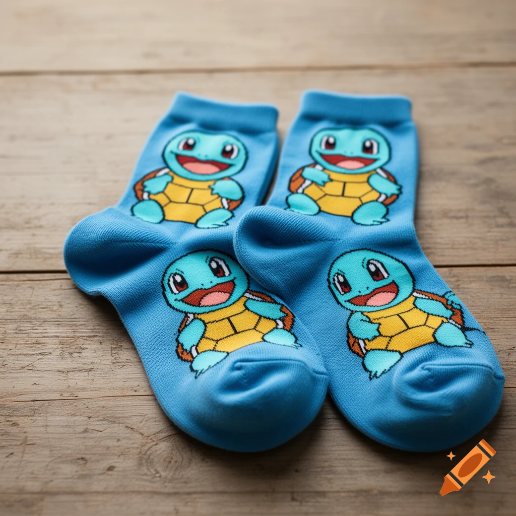 A pair of blue socks with Squirtle characters lying on a wooden surface.