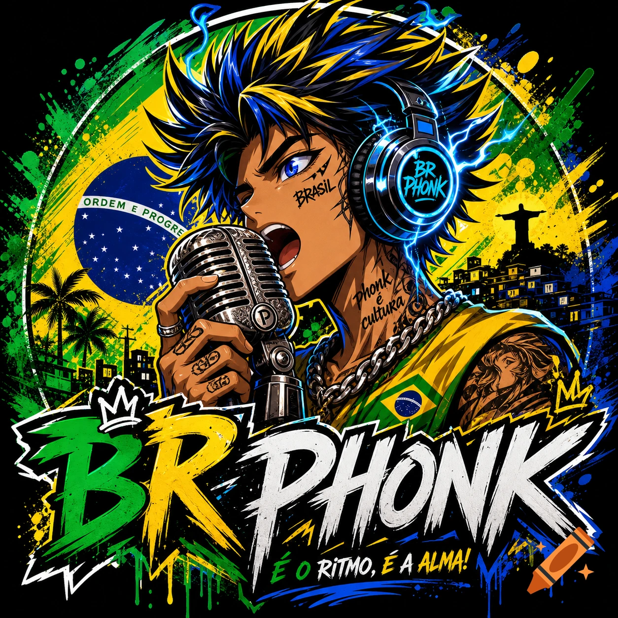 Anime character with spikey hair and headphones singing into a microphone, against a graffiti-style Brazilian flag background with a city skyline and "BR PHONK" text.