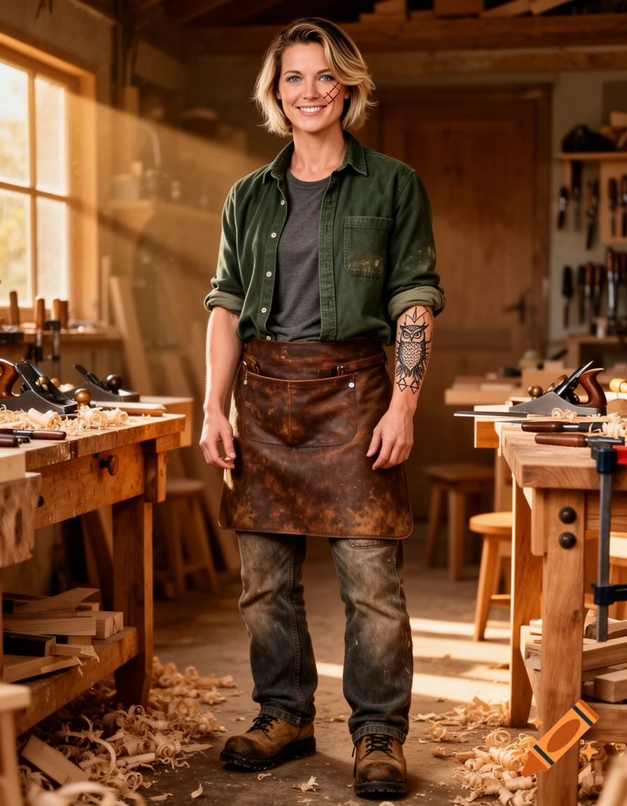A photorealistic portrait of a smiling blonde woman woodworker in a workshop, wearing a green shirt, leather apron, and an owl tattoo.