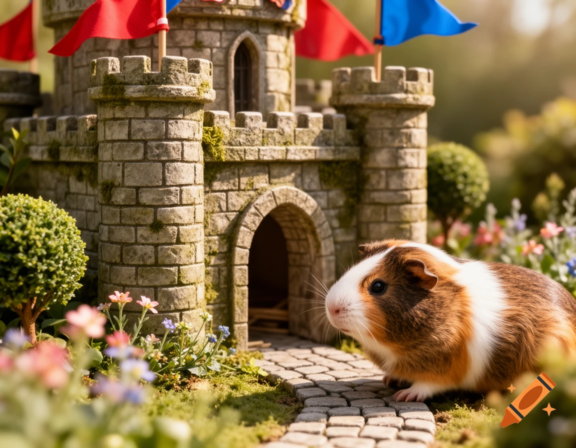 A brown and white guinea pig on a stone path in front of a miniature stone castle with flags, surrounded by flowers.