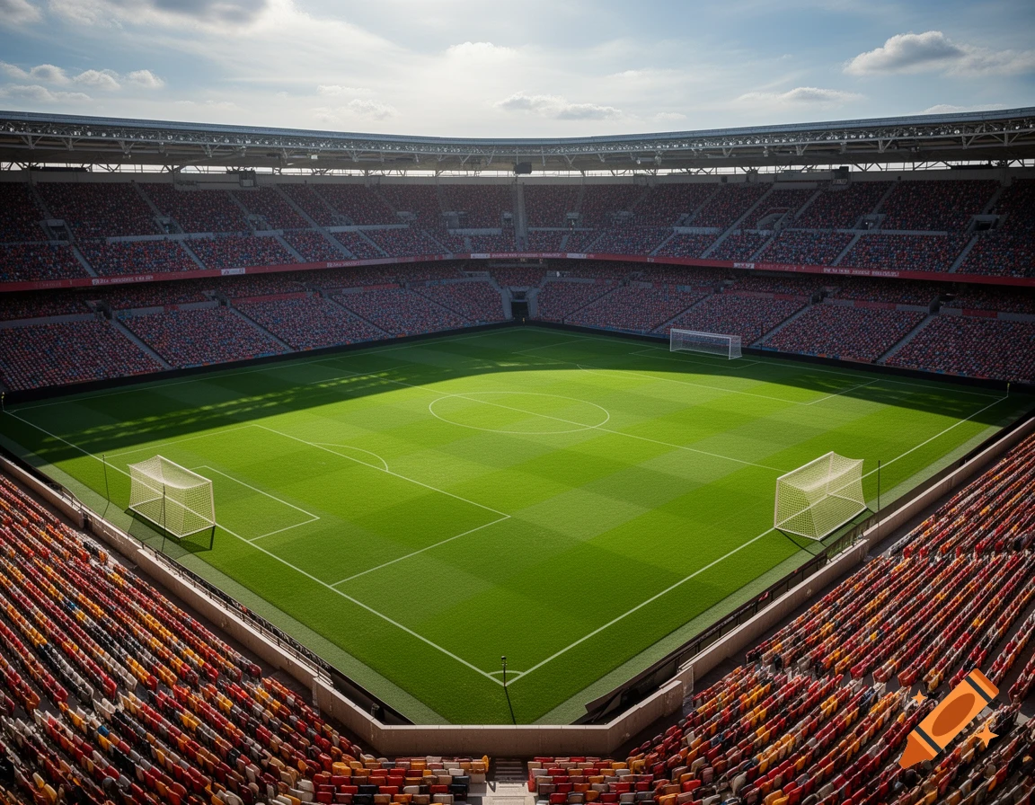 An aerial view of a large, empty football stadium with a green pitch and two goals under a partly cloudy sky, bathed in sunlight.