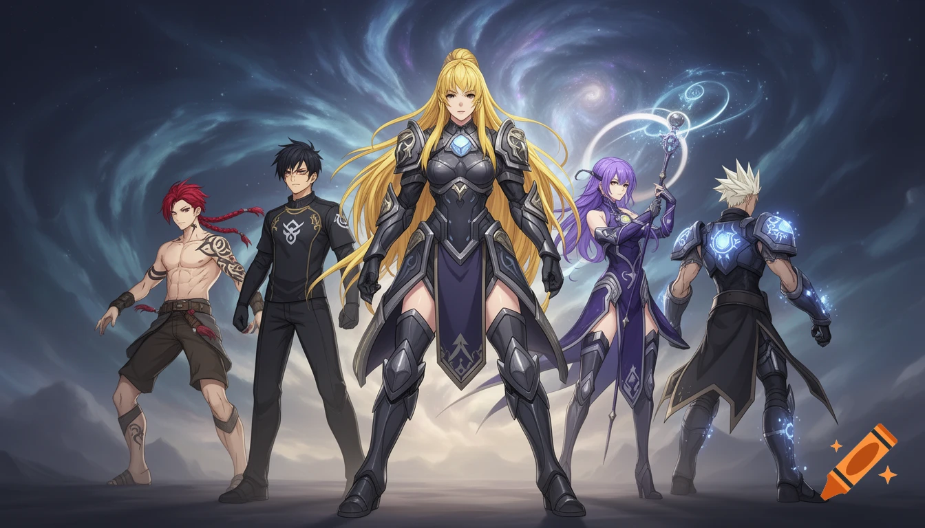 Five anime-style fantasy characters stand in a line, with a heavily armored blonde woman at the center against a swirling cosmic background.