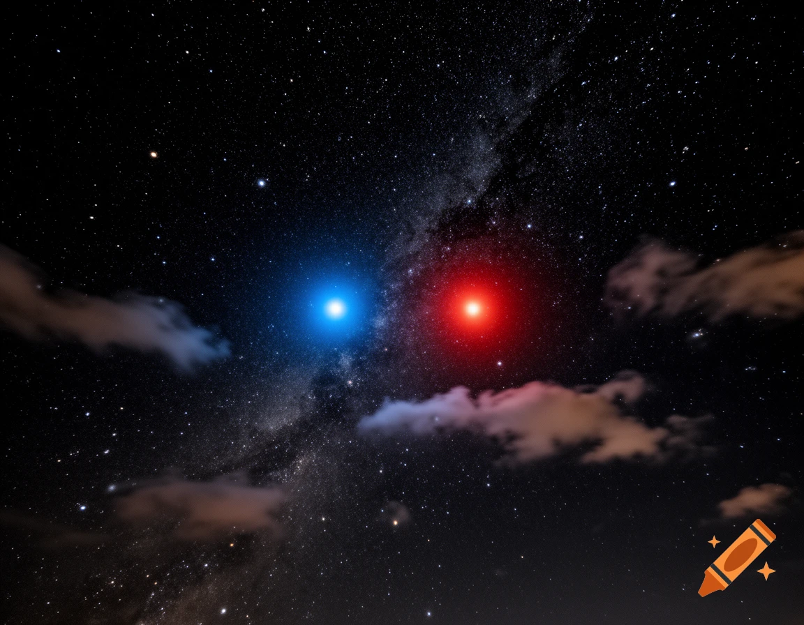 A dark night sky filled with countless small stars, featuring a bright blue star on the left and a vivid red star on the right, with wispy clouds.