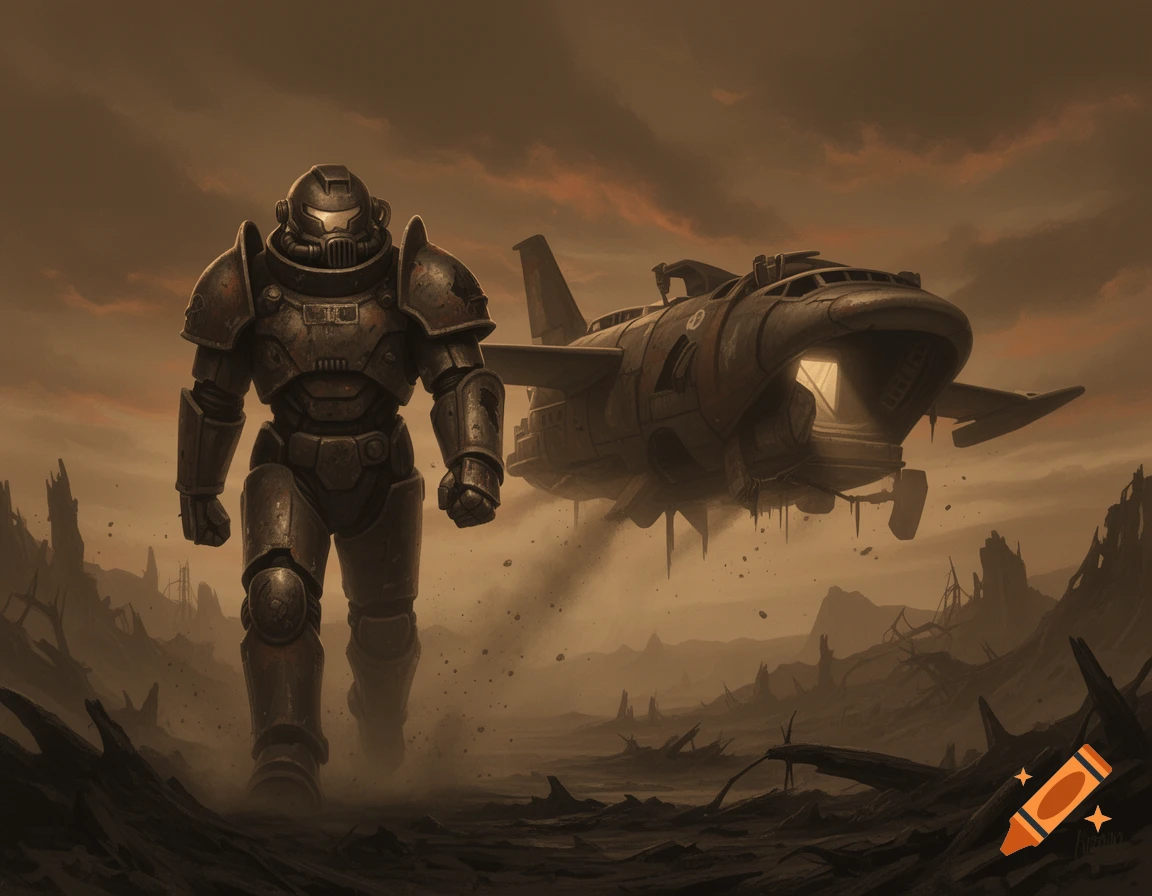 A person in rusted power armor stands in a desolate wasteland next to a damaged, hovering transport spacecraft under a cloudy sky.