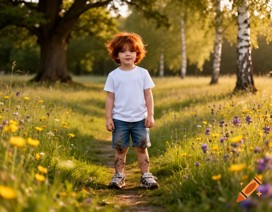 A smiling young boy with red hair stands in a sunny field with wildflowers and trees, his legs covered in mud.